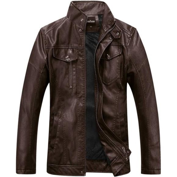 Men's Vintage Stand Collar Pu Leather Jacket 15-coffee